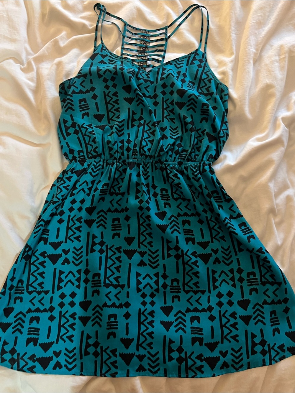 Teal Printed Strappy Summer Dress